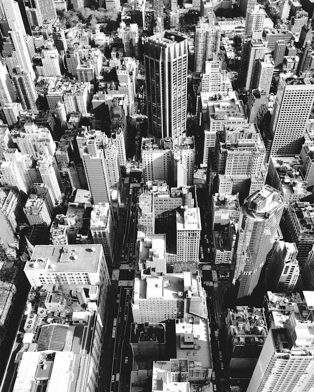 New York houses from the air in black and white photography